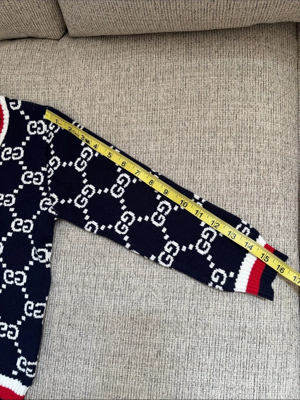 Kids Navy & White GG Logo Knit Cardigan w Red Trim no size tag look pics cute - Picture 3 of 10